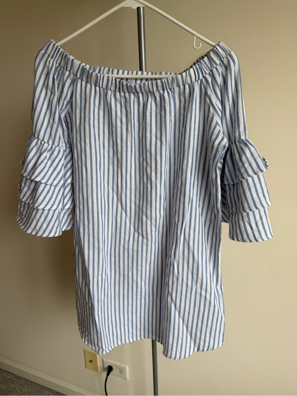 a'gaci Blue and White Striped Off-Shoulder Ruffle Sleeve Mini Dress